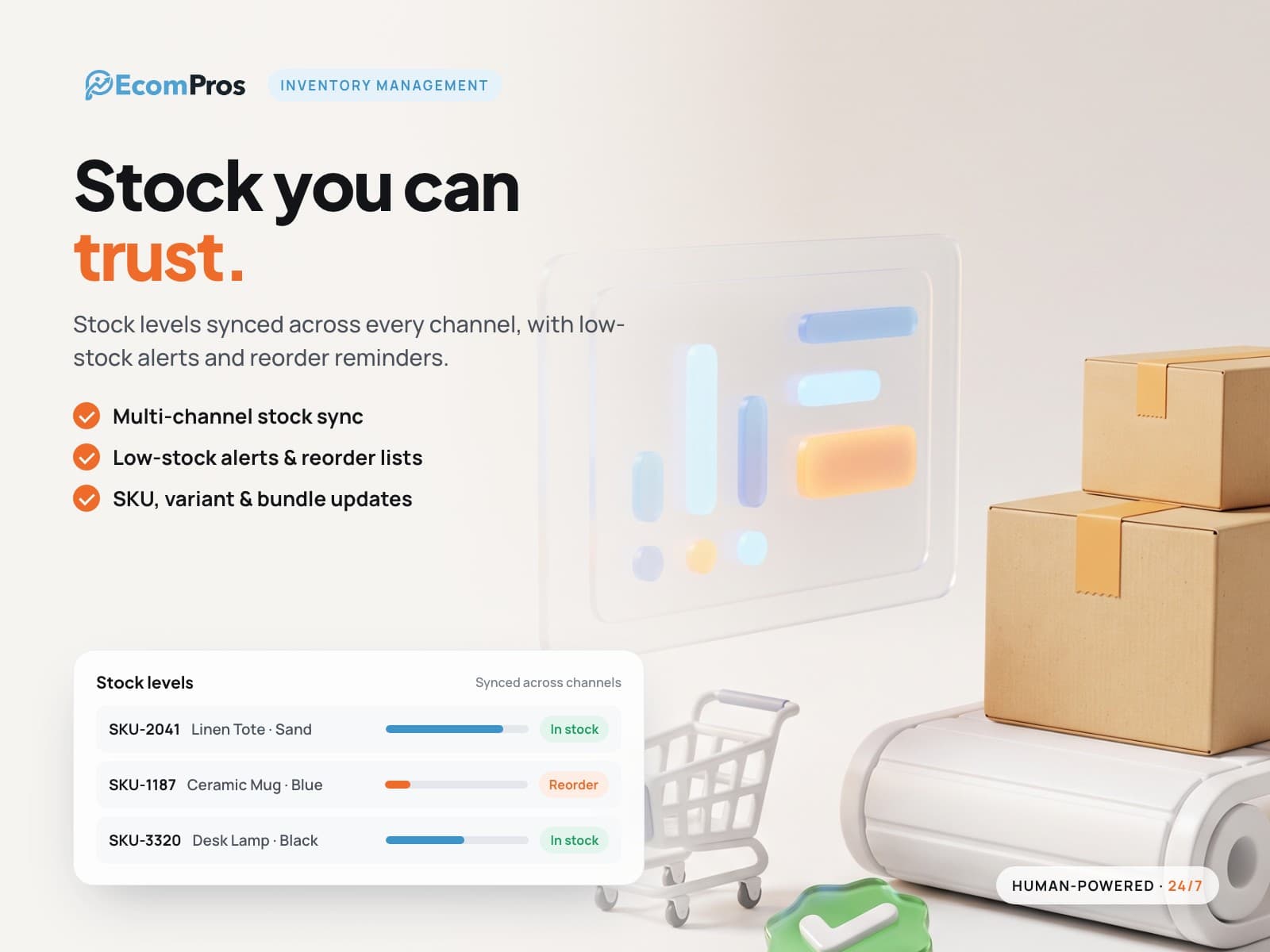 Inventory management service: stock levels by SKU with in-stock and reorder statuses.