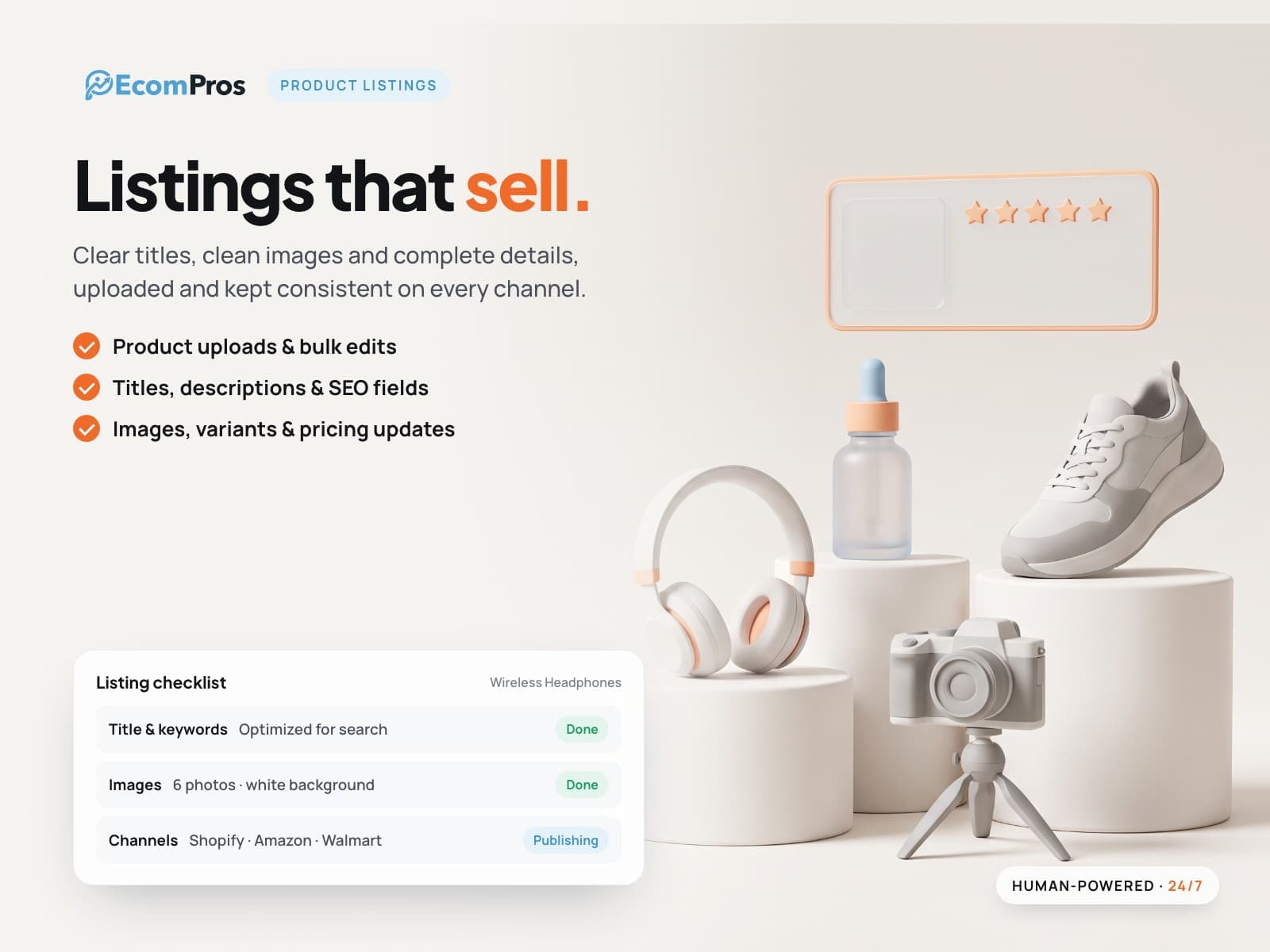 Product listing service: listing checklist for title and keywords, images, and channel publishing.