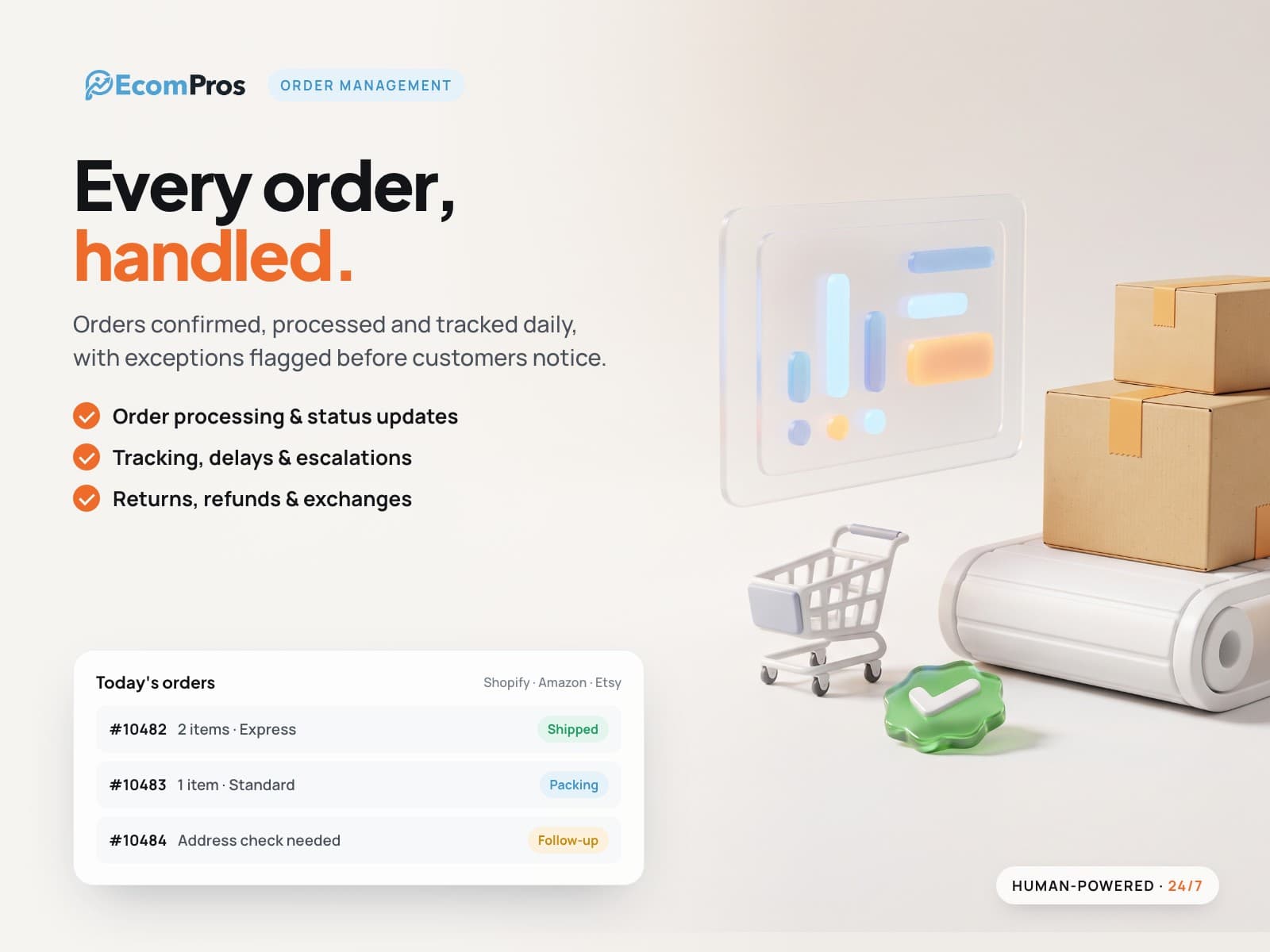 Order management service: order list with shipped, packing, and follow-up statuses.