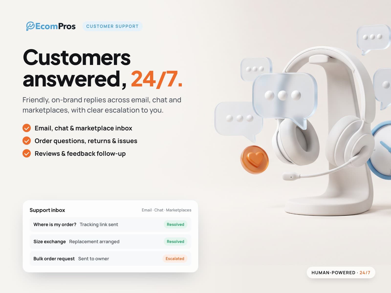 Customer support service: support inbox with resolved and escalated customer requests.
