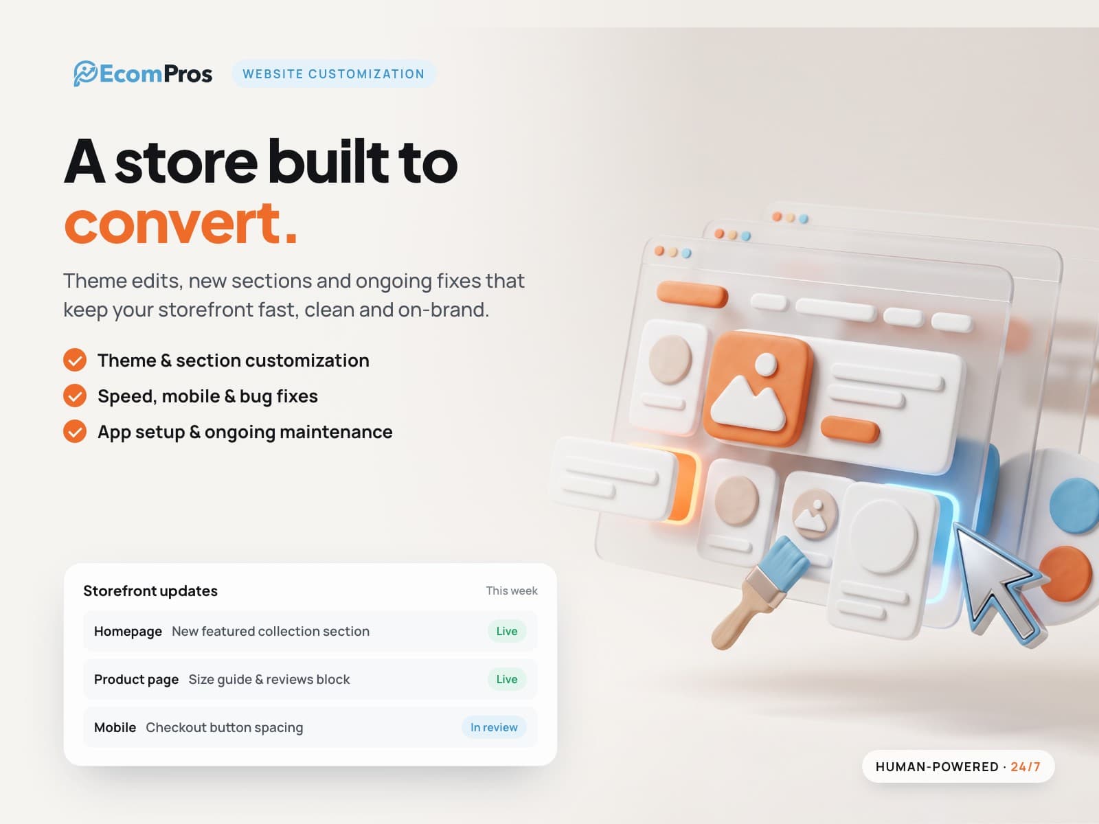 Website customization service: storefront updates for homepage, product page, and mobile layout.