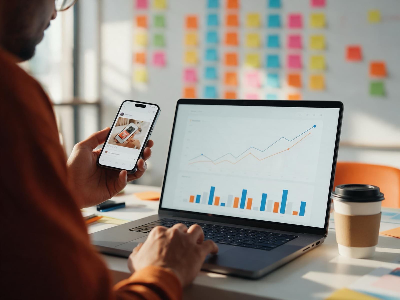 Marketer reviewing a growth dashboard on a laptop and a social ad on a phone