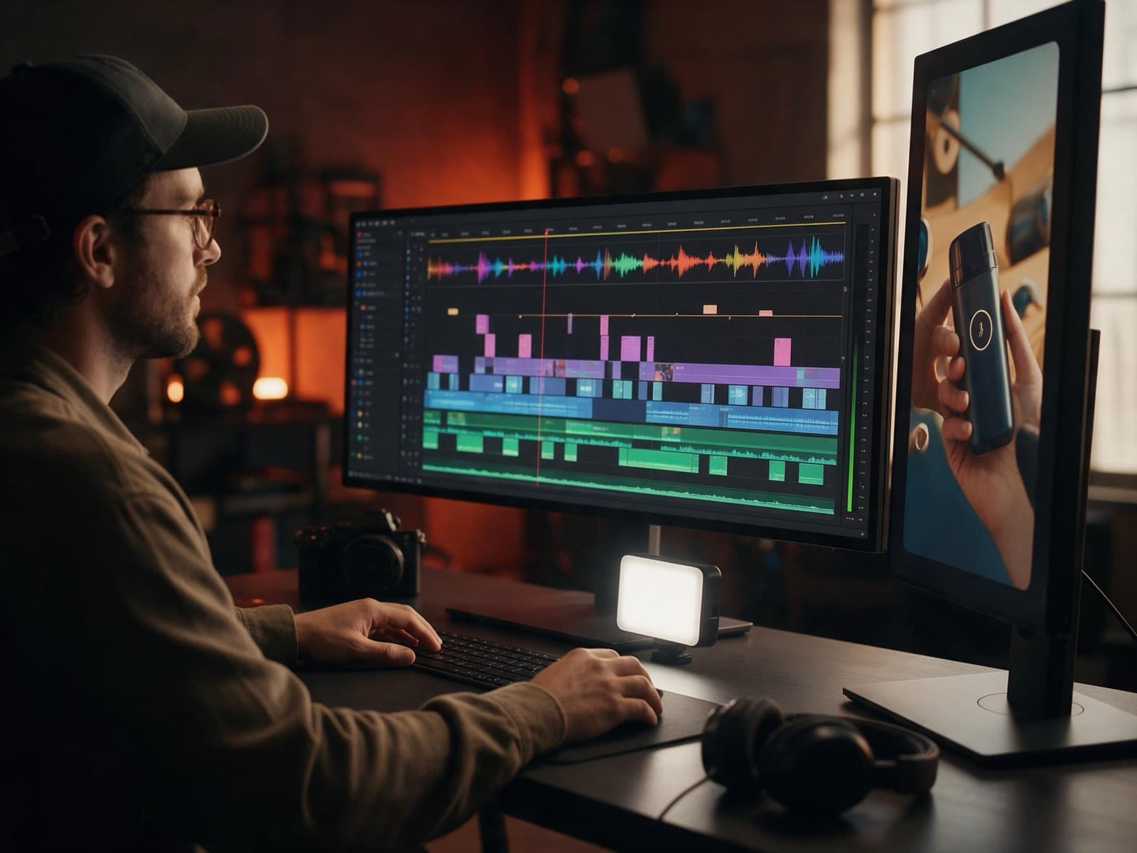 Video editor working on a motion timeline across an ultrawide and a vertical monitor