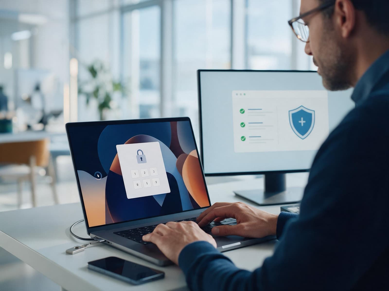 Security specialist reviewing a two-step sign-in screen and a security checklist dashboard