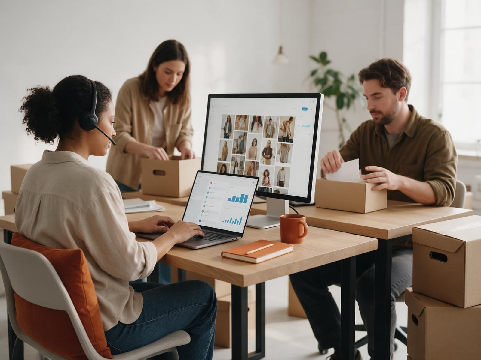 Ecommerce operations team handling customer chats, product listings, and order packing