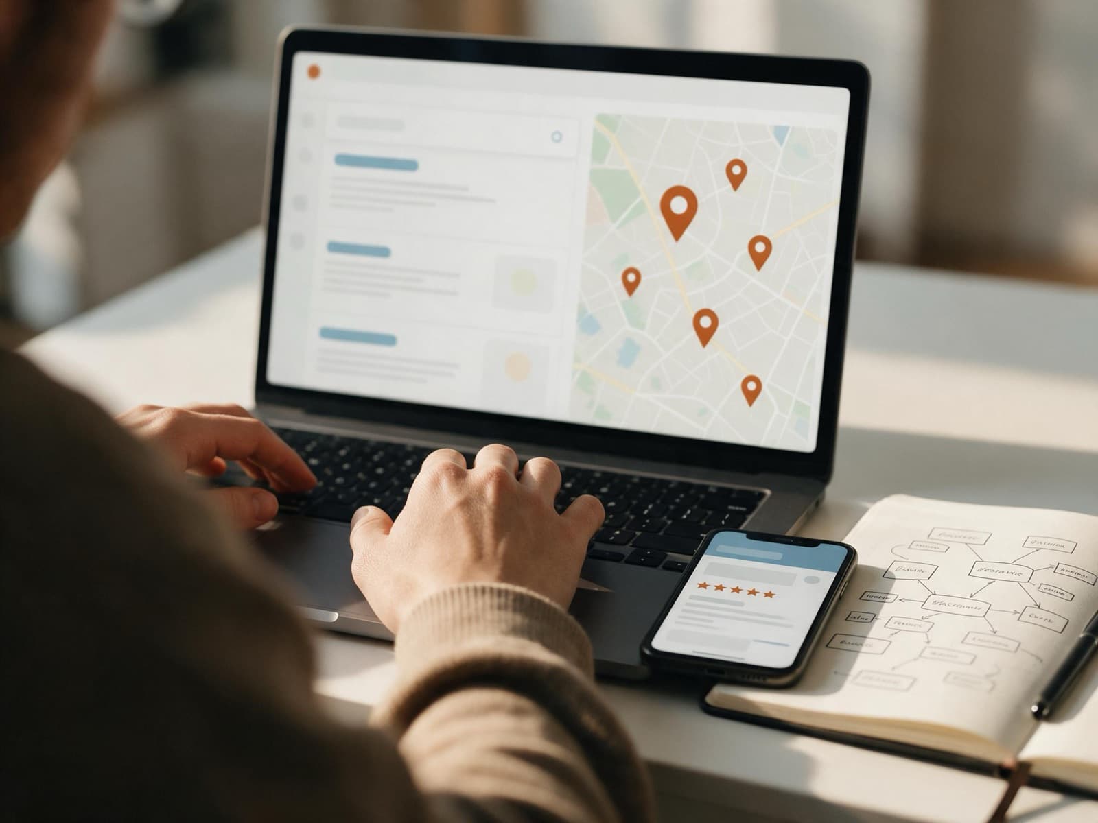 Laptop showing local search results with map pins next to a phone showing a five-star business profile