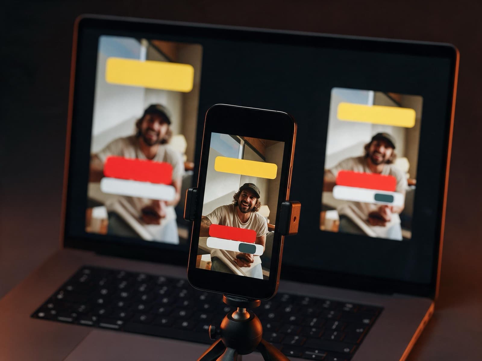 Vertical product video playing on a phone with widescreen and square versions on a laptop behind